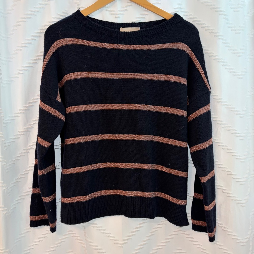 Pietronilla Navy Blue & Copper Metallic Striped Wool‎ Cashmere Sweater Italy Med